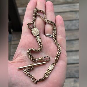 28.46 Gram Gold Filled Albert Chain with Dog Clip, T-Bar and Slide Charm- Flaw